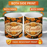 Personalized Custom Name Orange Blossom Floral Seamless Pattern on Black Background Vintage 11oz Ceramic Coffee Tea Mug White Large Handle