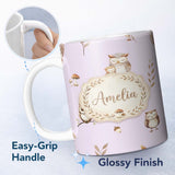 Personalized Custom Name Cute Woodland Owls Mushrooms and Leaves Soft Lavender Background 11oz Ceramic Coffee Tea Mug White Large Handle