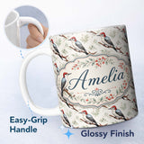 Personalized Custom Name Realistic Woodpecker Birds on Tree Branch Seamless Pattern Lovely 11oz Ceramic Coffee Tea Mug White Large Handle