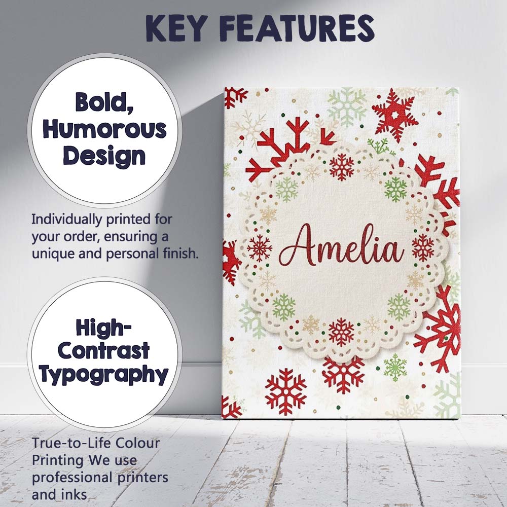 Personalised Name Classic Red Green Snowflake Custom Unique Gift Idea Modern Room Accent Canvas Wall Art Print Decor Picture Ready to Hang