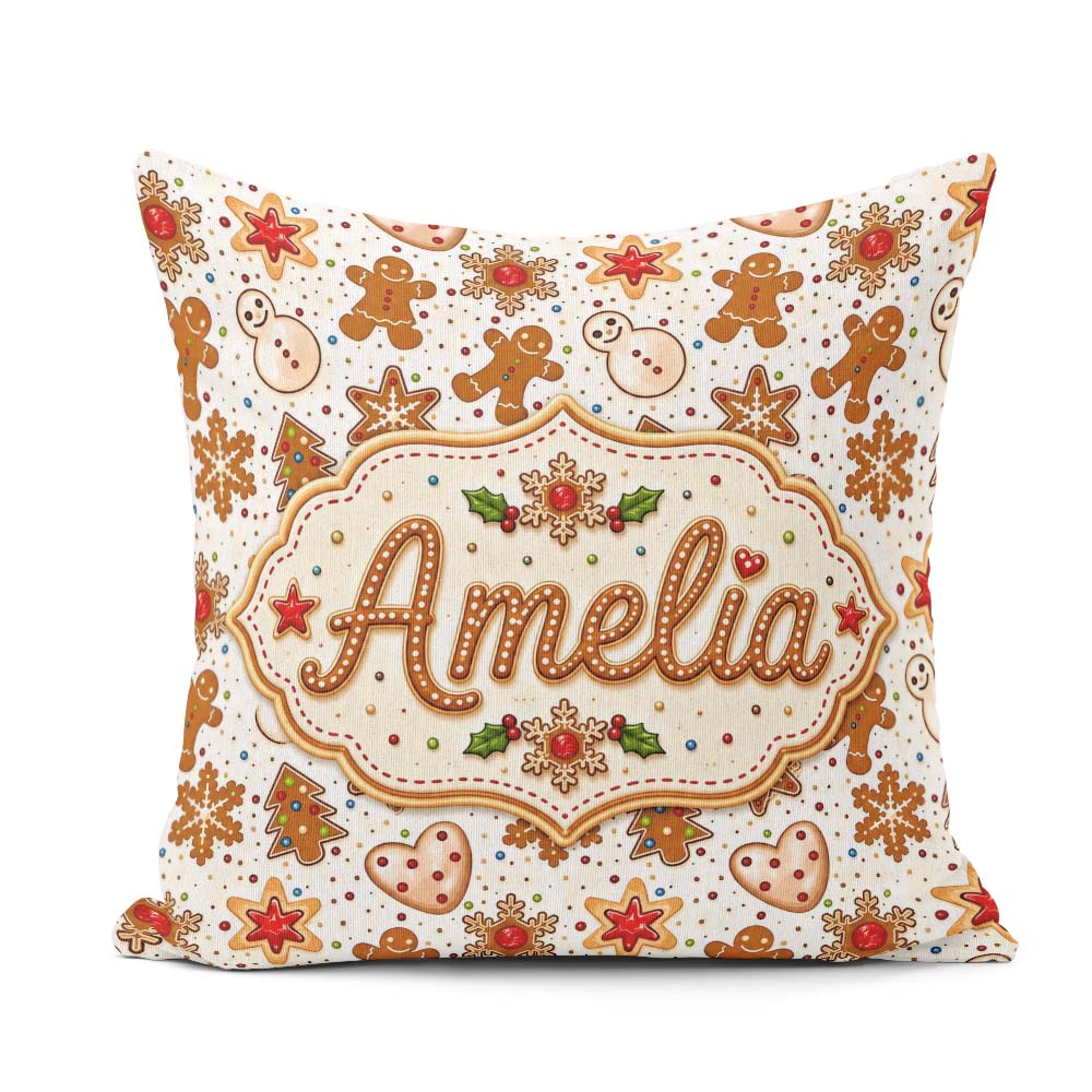 Custom Name Gingerbread Cookies Snowman Star Christmas Seamless Square Filled Cushion Throw Pillow Sofa Bed Home Decor Zip Washable UK Made