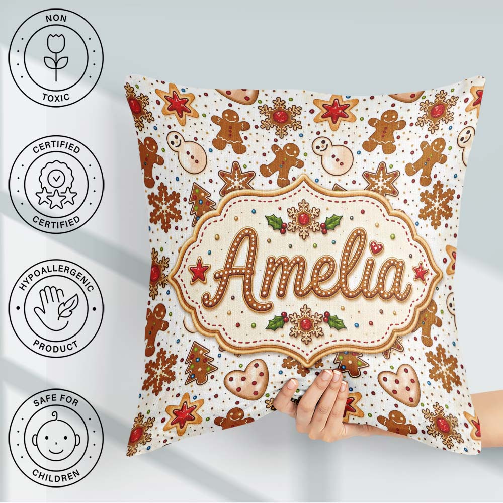 Custom Name Gingerbread Cookies Snowman Star Christmas Seamless Square Filled Cushion Throw Pillow Sofa Bed Home Decor Zip Washable UK Made