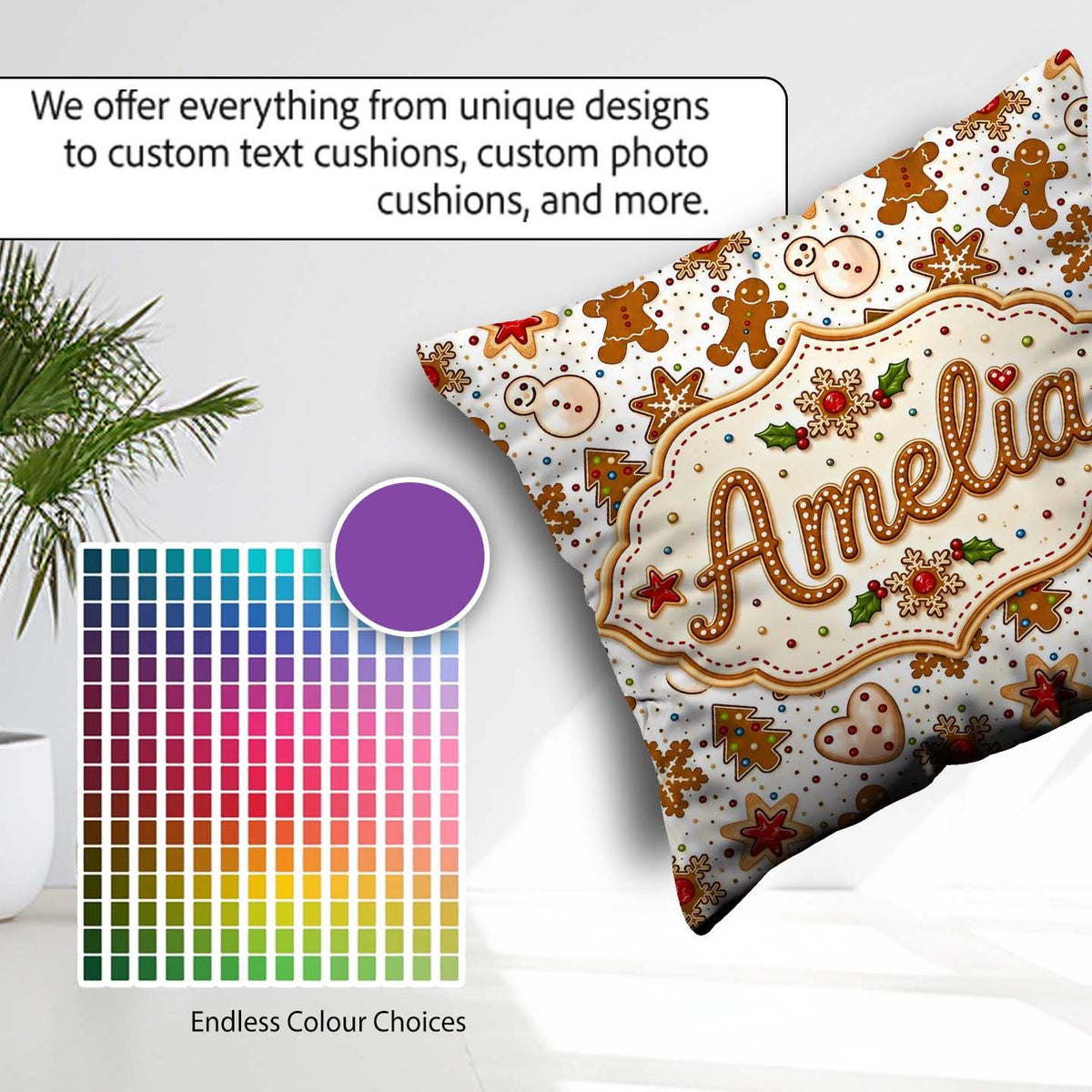 Custom Name Gingerbread Cookies Snowman Star Christmas Seamless Square Filled Cushion Throw Pillow Sofa Bed Home Decor Zip Washable UK Made