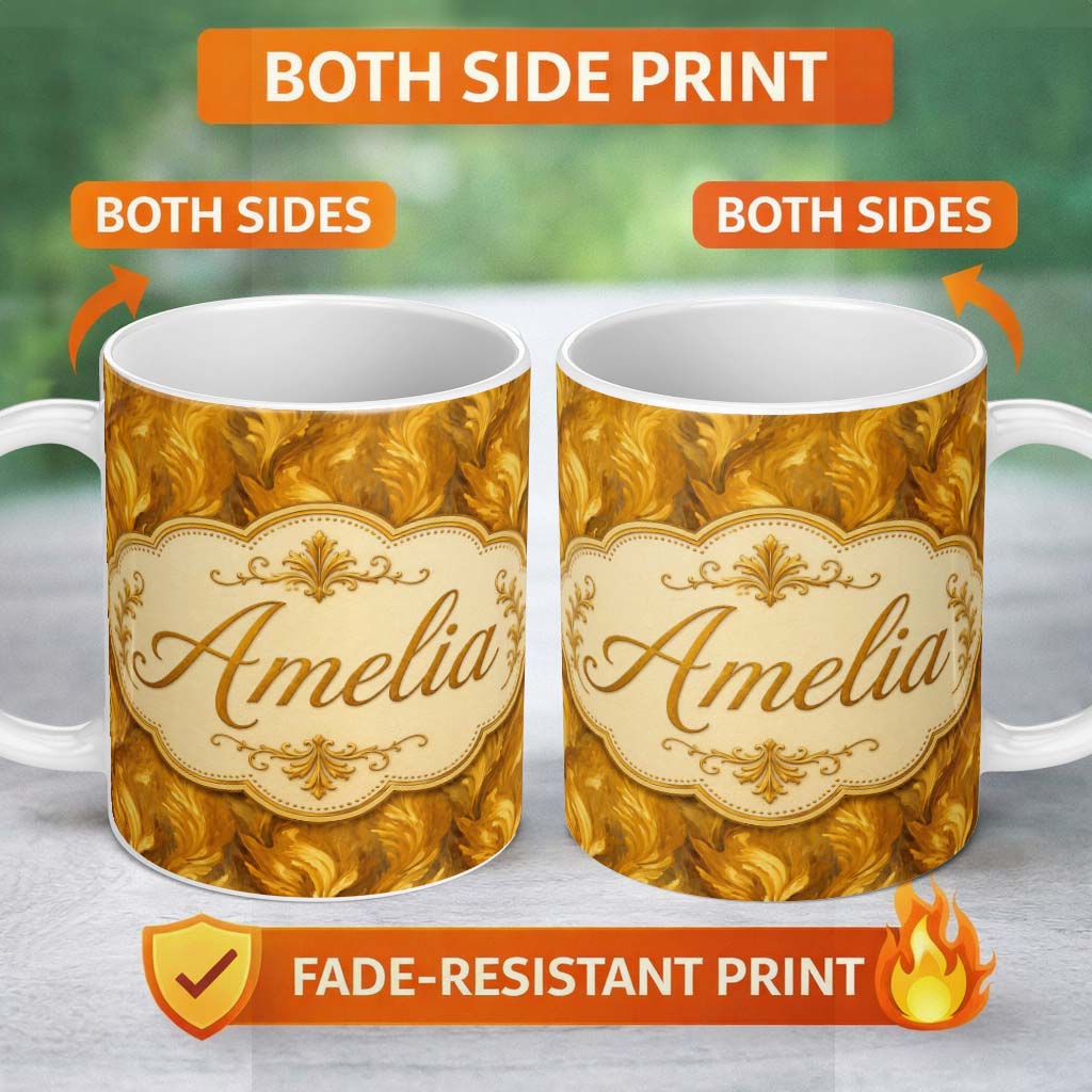 Personalized Custom Name Rich Golden Leaf Botanical Seamless Pattern with Warm Autumn Tones 11oz Ceramic Coffee Tea Mug White Large Handle
