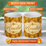 Personalized Custom Name Rich Golden Leaf Botanical Seamless Pattern with Warm Autumn Tones 11oz Ceramic Coffee Tea Mug White Large Handle