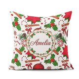 Custom Name Christmas Poinsettia Candy Cane Holly Berry Ornament Square Filled Cushion Throw Pillow Sofa Bed Home Decor Zip Washable UK Made