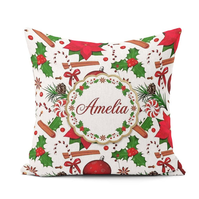 Custom Name Christmas Poinsettia Candy Cane Holly Berry Ornament Square Filled Cushion Throw Pillow Sofa Bed Home Decor Zip Washable UK Made