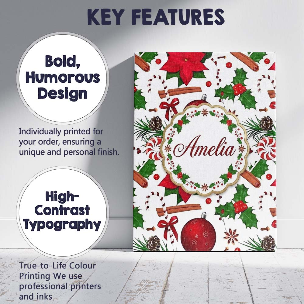 Personalised Name Christmas Poinsettia Custom  Modern Room Accent Elegant Feature Canvas Wall Art Print Decor Picture Ready to Hang