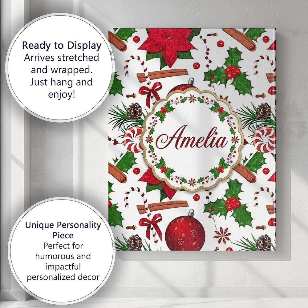 Personalised Name Christmas Poinsettia Custom  Modern Room Accent Elegant Feature Canvas Wall Art Print Decor Picture Ready to Hang