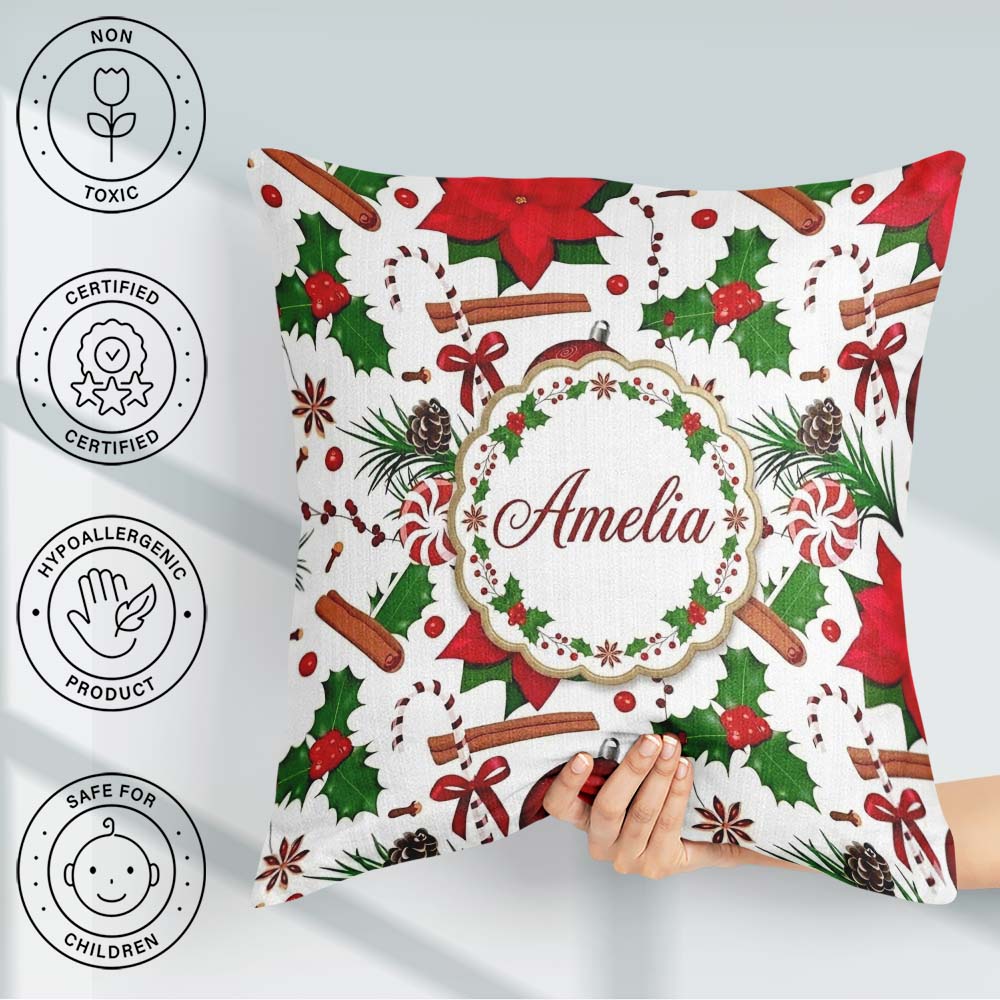 Custom Name Christmas Poinsettia Candy Cane Holly Berry Ornament Square Filled Cushion Throw Pillow Sofa Bed Home Decor Zip Washable UK Made
