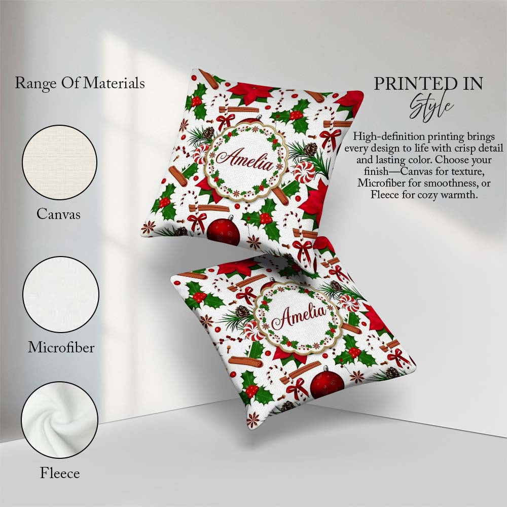 Custom Name Christmas Poinsettia Candy Cane Holly Berry Ornament Square Filled Cushion Throw Pillow Sofa Bed Home Decor Zip Washable UK Made