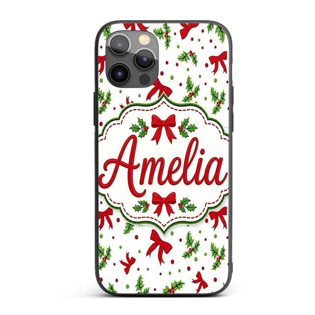Festive Holly Leaves Red Bows Polka Dot Christmas Custom Name Protective Phone Case Mobile Cover Durable Everyday Smartphone Shock Resistant
