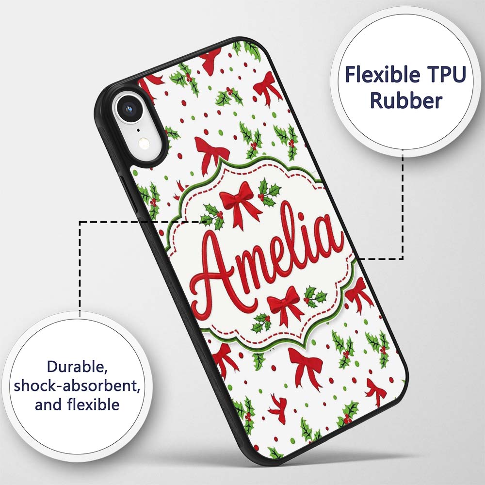 Festive Holly Leaves Red Bows Polka Dot Christmas Custom Name Protective Phone Case Mobile Cover Durable Everyday Smartphone Shock Resistant