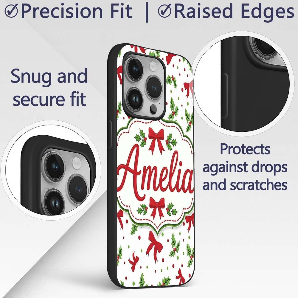 Festive Holly Leaves Red Bows Polka Dot Christmas Custom Name Protective Phone Case Mobile Cover Durable Everyday Smartphone Shock Resistant