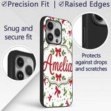 Festive Holly Leaves Red Bows Polka Dot Christmas Custom Name Protective Phone Case Mobile Cover Durable Everyday Smartphone Shock Resistant