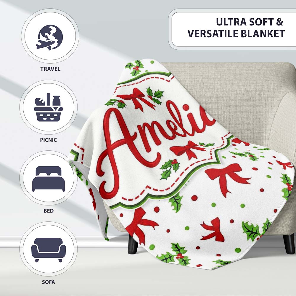 Festive Holly Leaves Red Bows Polka Dot Christmas Seamless Pattern  Personalised Custom Name Super Soft Fleece Blanket Bed Sofa Throw