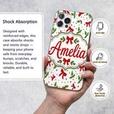 Festive Holly Leaves Red Bows Polka Dot Christmas Custom Name Protective Phone Case Mobile Cover Durable Everyday Smartphone Shock Resistant