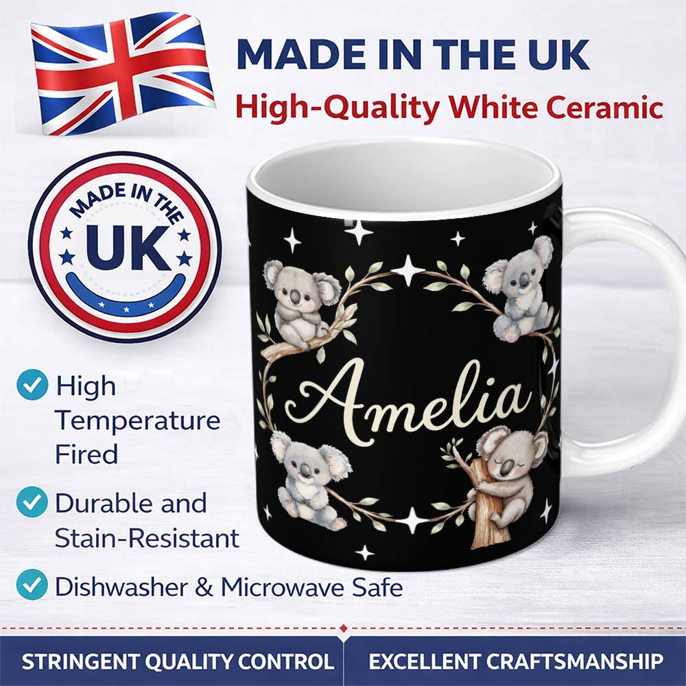 Personalized Custom Name Cute Cartoon Koala Bears with Stars on Soft Grey Background Seamless 11oz Ceramic Coffee Tea Mug White Large Handle