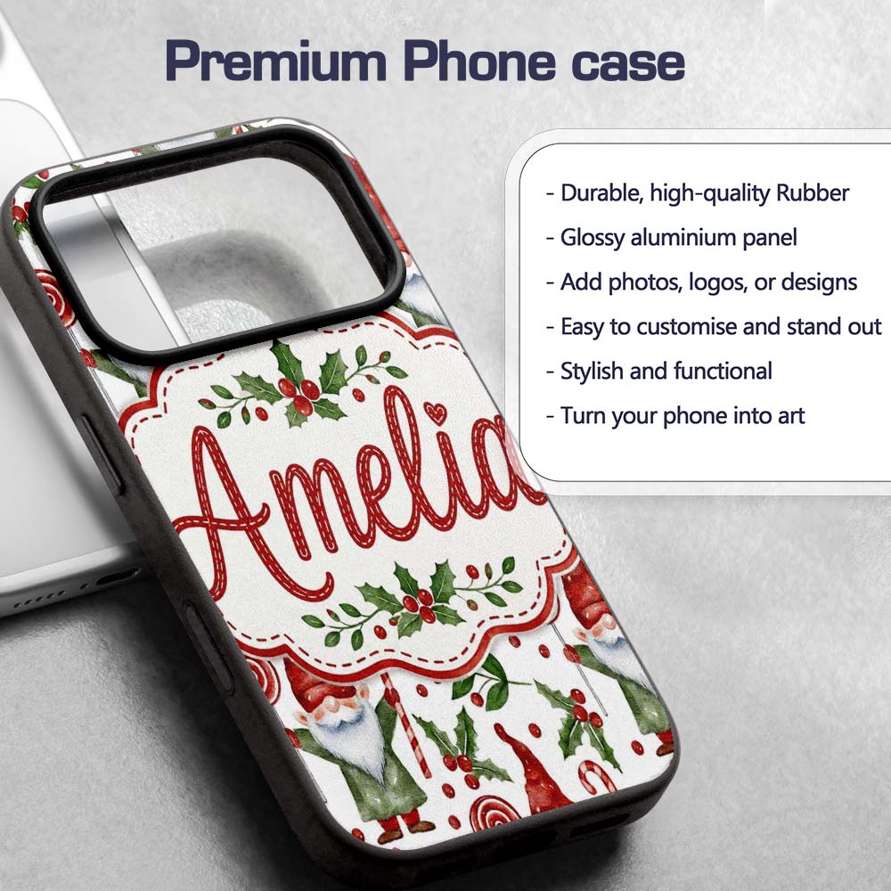 Watercolor Christmas Gnome Candy Cane Holly Berry Custom Name Protective Phone Case Mobile Cover Durable Everyday Smartphone Shock Resistant
