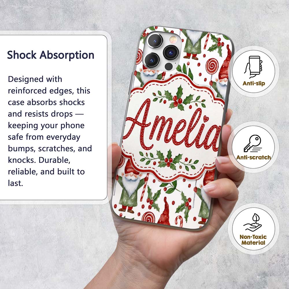 Watercolor Christmas Gnome Candy Cane Holly Berry Custom Name Protective Phone Case Mobile Cover Durable Everyday Smartphone Shock Resistant