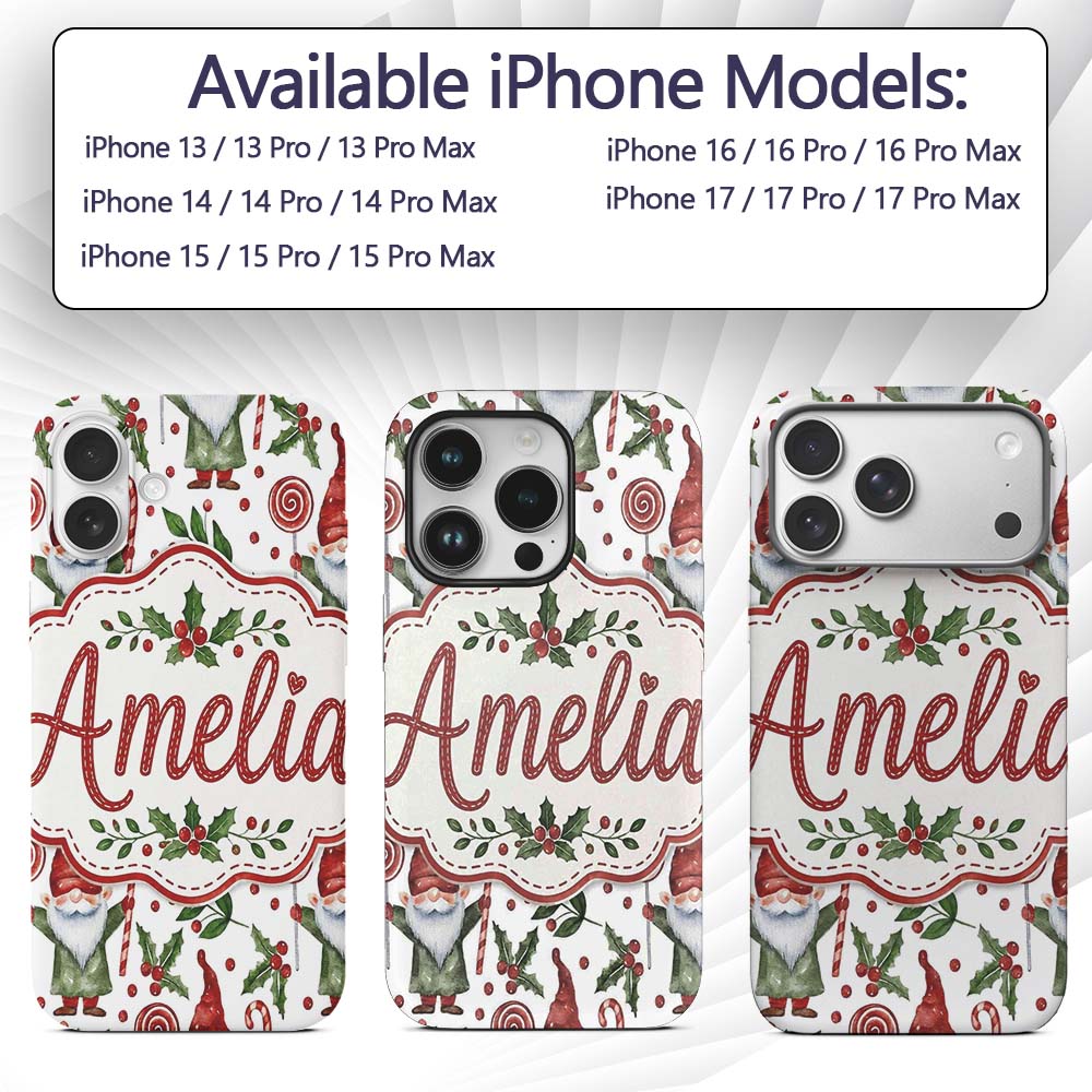 Watercolor Christmas Gnome Candy Cane Holly Berry Custom Name Protective Phone Case Mobile Cover Durable Everyday Smartphone Shock Resistant
