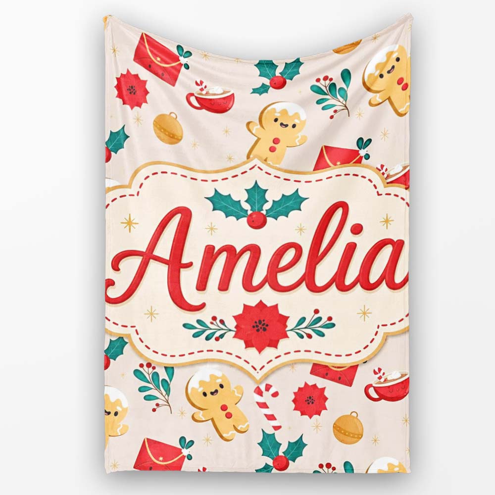 Cute Gingerbread Cookies Cocoa Candy Cane Christmas Seamless Pattern  Personalised Custom Name Super Soft Fleece Blanket Bed Sofa Throw