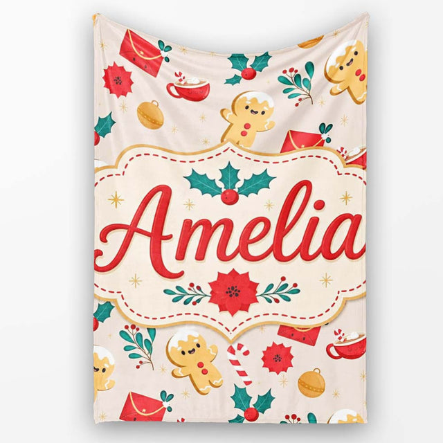 Cute Gingerbread Cookies Cocoa Candy Cane Christmas Seamless Pattern  Personalised Custom Name Super Soft Fleece Blanket Bed Sofa Throw