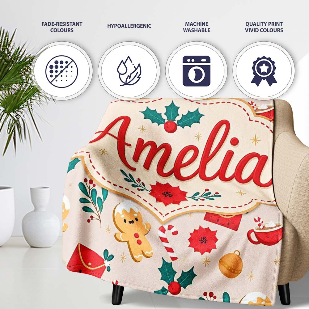 Cute Gingerbread Cookies Cocoa Candy Cane Christmas Seamless Pattern  Personalised Custom Name Super Soft Fleece Blanket Bed Sofa Throw