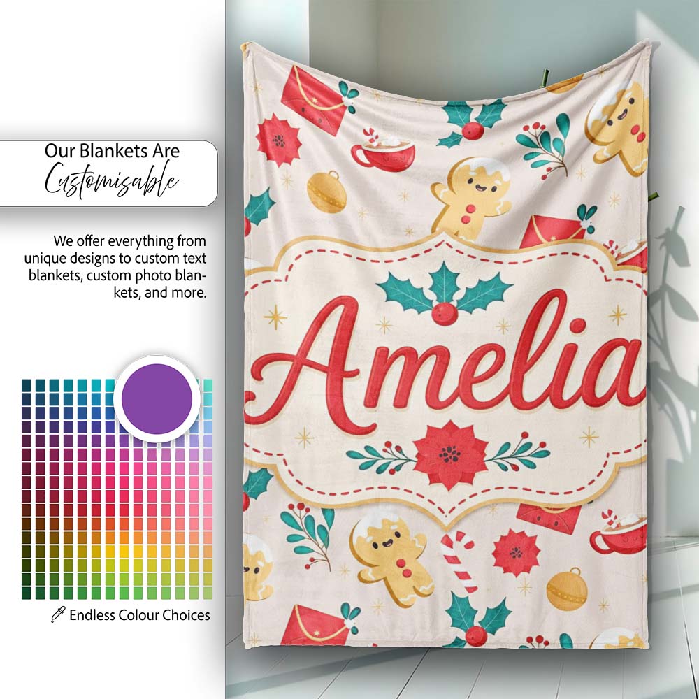 Cute Gingerbread Cookies Cocoa Candy Cane Christmas Seamless Pattern  Personalised Custom Name Super Soft Fleece Blanket Bed Sofa Throw