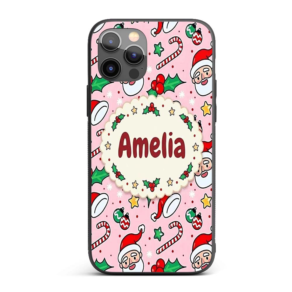 Cute Santa Face Candy Cane Holly Pink Christmas Custom Name Protective Phone Case Mobile Cover Durable Everyday Smartphone Shock Resistant