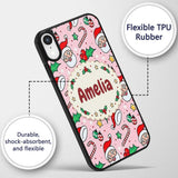 Cute Santa Face Candy Cane Holly Pink Christmas Custom Name Protective Phone Case Mobile Cover Durable Everyday Smartphone Shock Resistant