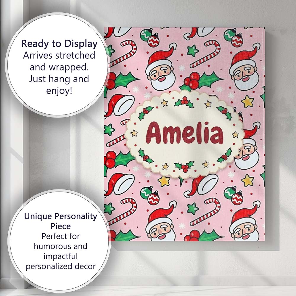 Personalised Name Cute Santa Face Candy Custom  Modern Room Accent Elegant Feature Canvas Wall Art Print Decor Picture Ready to Hang