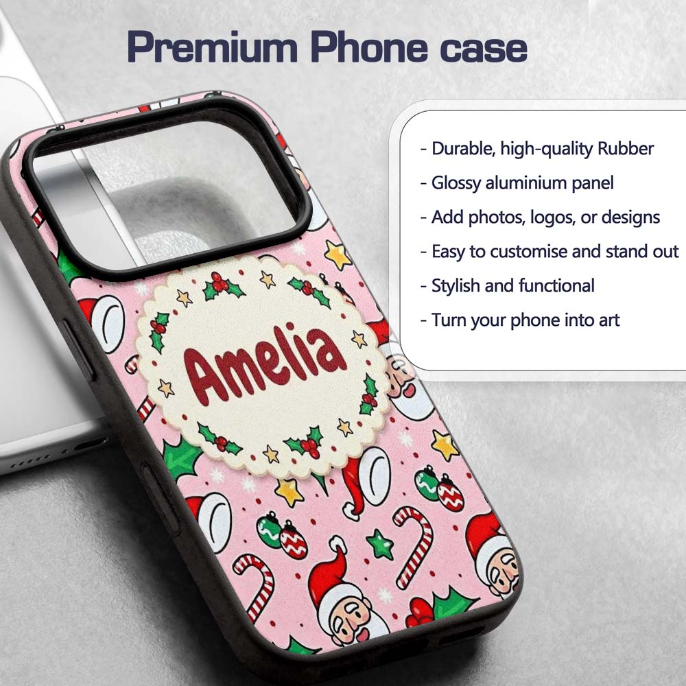 Cute Santa Face Candy Cane Holly Pink Christmas Custom Name Protective Phone Case Mobile Cover Durable Everyday Smartphone Shock Resistant