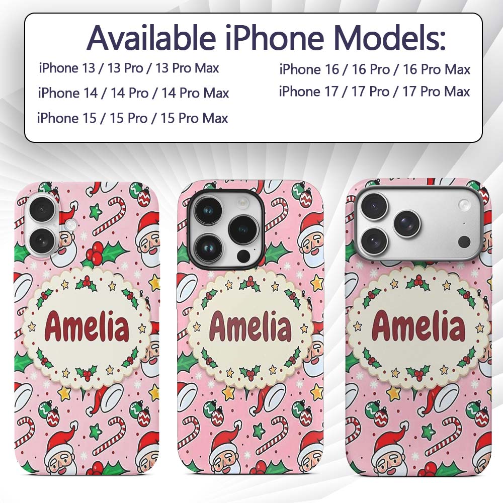 Cute Santa Face Candy Cane Holly Pink Christmas Custom Name Protective Phone Case Mobile Cover Durable Everyday Smartphone Shock Resistant