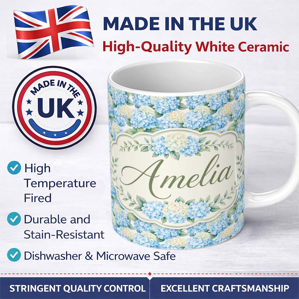 Personalized Custom Name Soft Blue Hydrangea Floral Seamless Pattern Thoughtful Gift Idea 11oz Ceramic Coffee Tea Mug White Large Handle