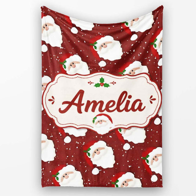 Cute Santa Face Red Snow Background Christmas Seamless Pattern  Personalised Custom Name Super Soft Fleece Blanket Bed Sofa Throw