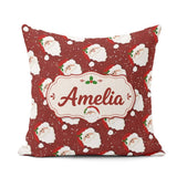 Custom Name Cute Santa Face Red Snow Background Seamless Pattern Square Filled Cushion Throw Pillow Sofa Bed Home Decor Zip Washable UK Made