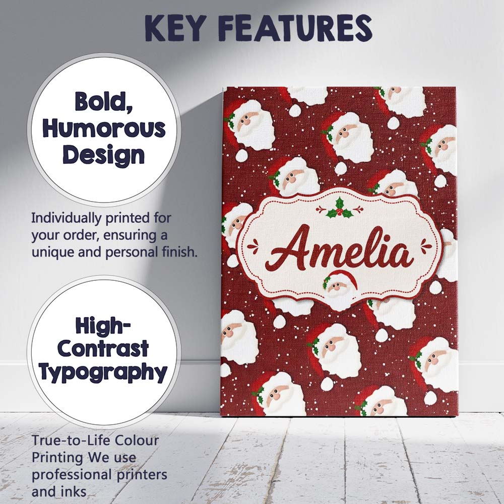 Personalised Name Cute Santa Face Red Snow Custom  Unique Gift Idea Elegant Feature Canvas Wall Art Print Decor Picture Ready to Hang