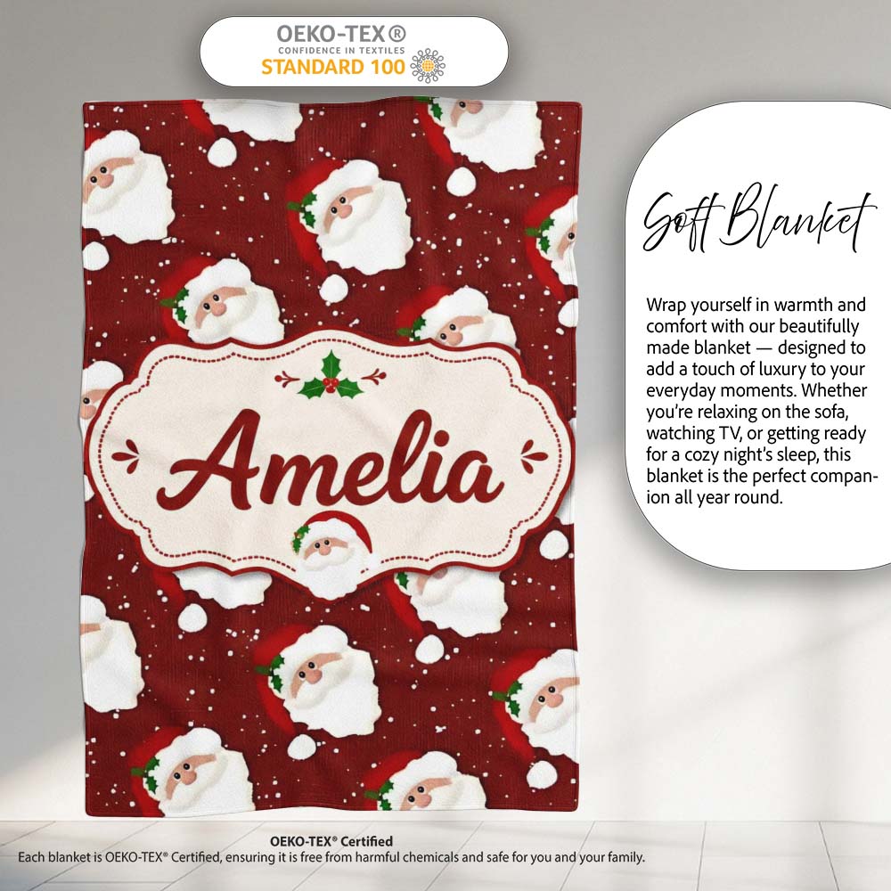 Cute Santa Face Red Snow Background Christmas Seamless Pattern  Personalised Custom Name Super Soft Fleece Blanket Bed Sofa Throw