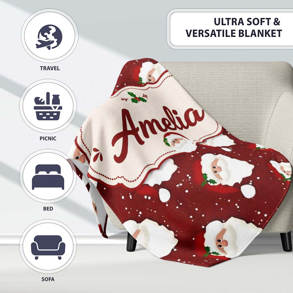 Cute Santa Face Red Snow Background Christmas Seamless Pattern  Personalised Custom Name Super Soft Fleece Blanket Bed Sofa Throw