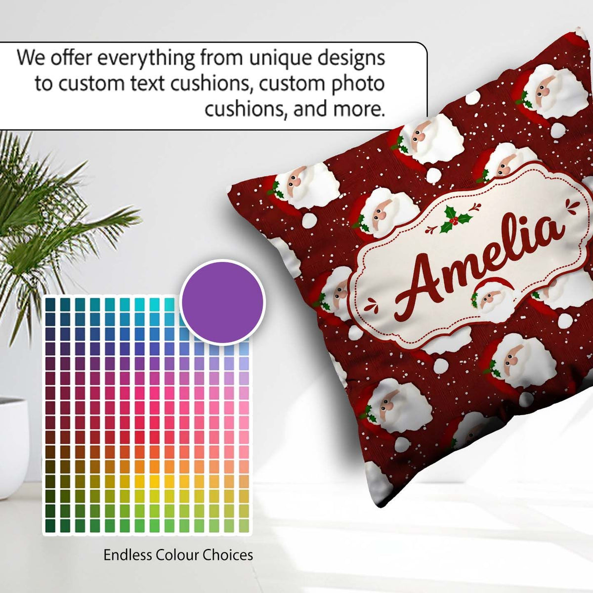 Custom Name Cute Santa Face Red Snow Background Seamless Pattern Square Filled Cushion Throw Pillow Sofa Bed Home Decor Zip Washable UK Made