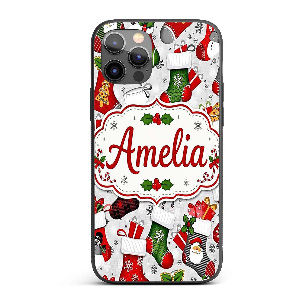 Christmas Stockings Gifts Candy Cane Snowflake Custom Name Protective Phone Case Mobile Cover Durable Everyday Smartphone Shock Resistant