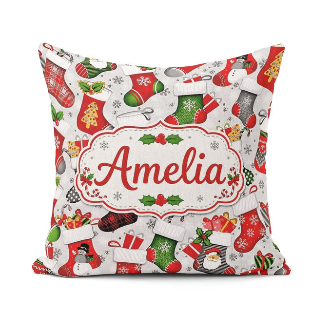 Custom Name Christmas Stockings Gifts Snowflake Seamless Pattern Square Filled Cushion Throw Pillow Sofa Bed Home Decor Zip Washable UK Made