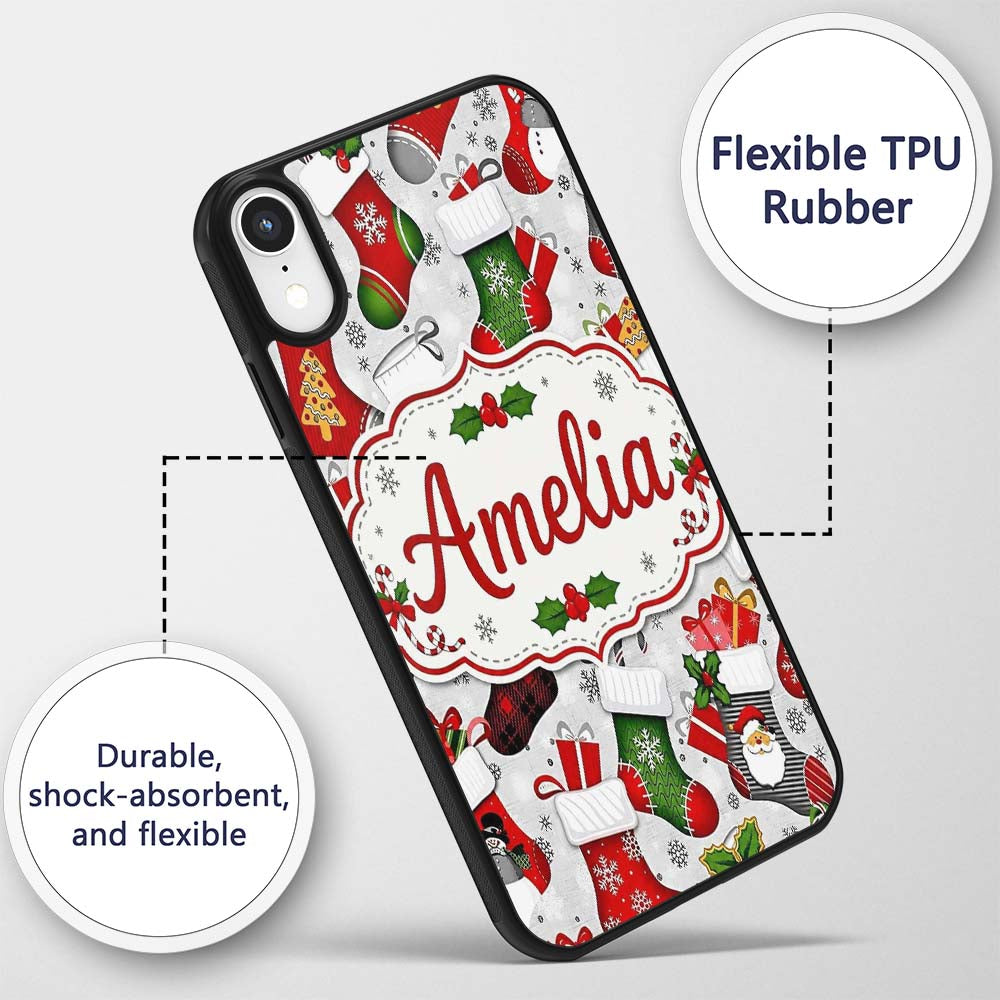 Christmas Stockings Gifts Candy Cane Snowflake Custom Name Protective Phone Case Mobile Cover Durable Everyday Smartphone Shock Resistant