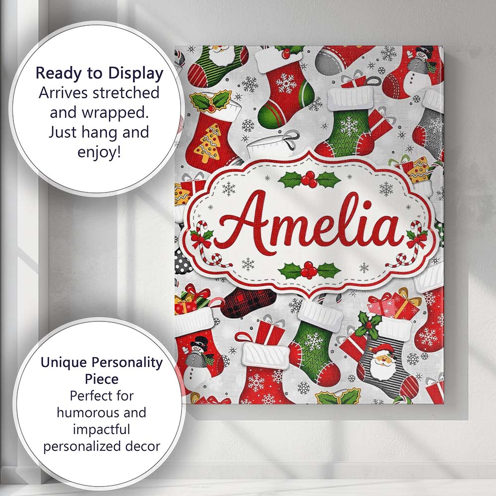 Personalised Name Christmas Stockings Gifts Custom  Bespoke Interior Contemporary Canvas Wall Art Print Decor Picture Ready to Hang