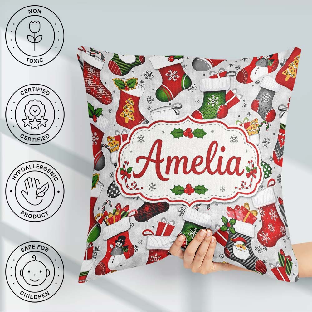 Custom Name Christmas Stockings Gifts Snowflake Seamless Pattern Square Filled Cushion Throw Pillow Sofa Bed Home Decor Zip Washable UK Made