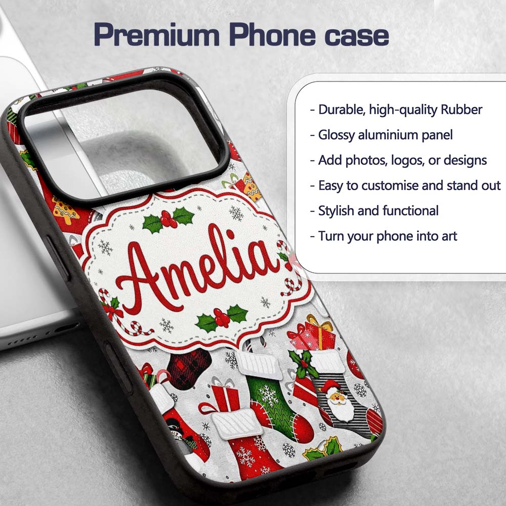 Christmas Stockings Gifts Candy Cane Snowflake Custom Name Protective Phone Case Mobile Cover Durable Everyday Smartphone Shock Resistant