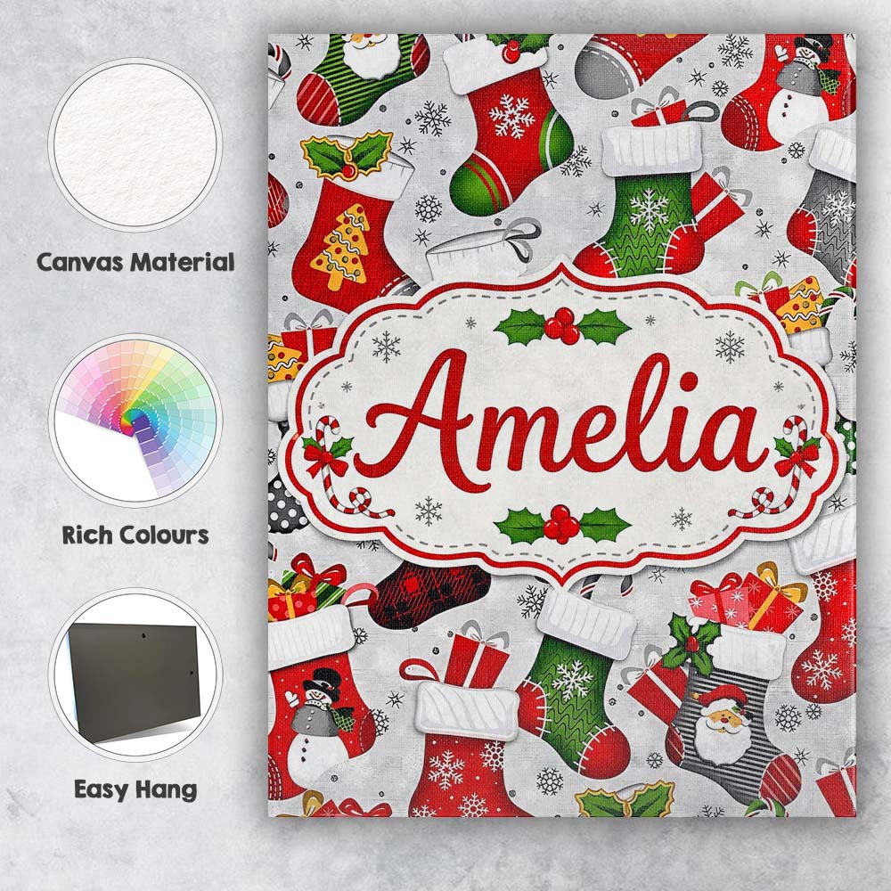 Personalised Name Christmas Stockings Gifts Custom  Bespoke Interior Contemporary Canvas Wall Art Print Decor Picture Ready to Hang