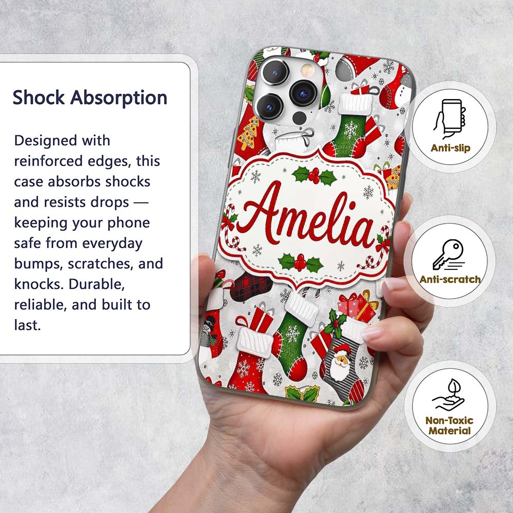 Christmas Stockings Gifts Candy Cane Snowflake Custom Name Protective Phone Case Mobile Cover Durable Everyday Smartphone Shock Resistant
