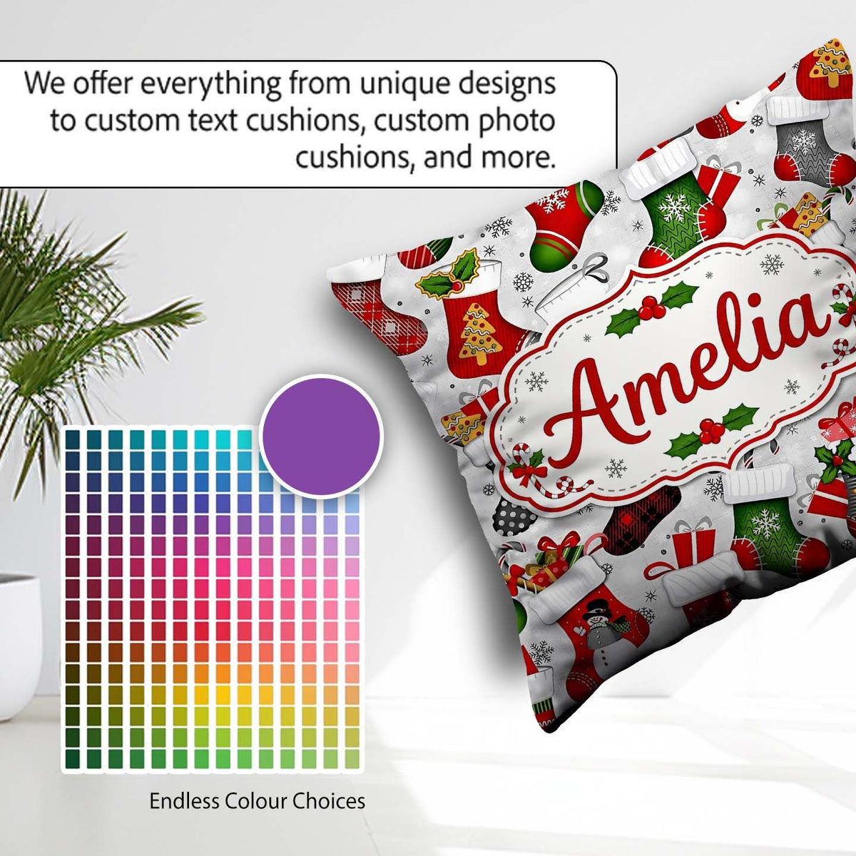 Custom Name Christmas Stockings Gifts Snowflake Seamless Pattern Square Filled Cushion Throw Pillow Sofa Bed Home Decor Zip Washable UK Made